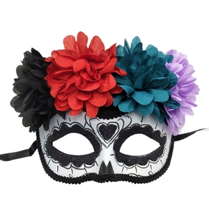 Day of the Dead sugar skull mask with vibrant colorful flowers and black lace edge