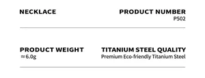 Specifications for Titanium Steel Necklace P502 including 6.0g weight and material