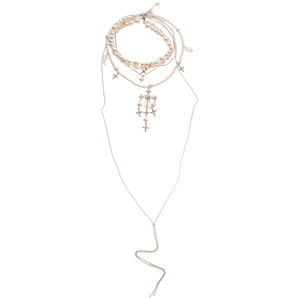 Layered pearl cross pendant necklace featuring crystal accents and silver chain design