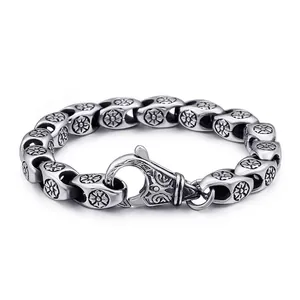 Vintage Punk 316L Stainless Steel Bracelet Men Hollowed Out Flower Pattern Chunky Gothic Jewelry Gift