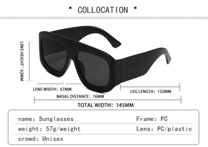 Detailed size specifications for square frame sunglasses with lens and bridge measurements