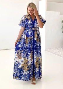 Detailed view of dark blue and white high-waist long skirt with botanical floral patterns