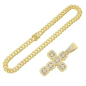 Hip hop gold Cuban link chain necklace with iced out cross pendant and clear crystals
