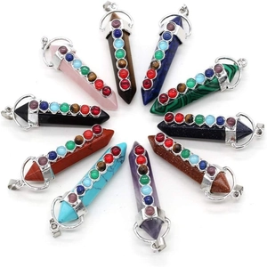 Collier Pendentif Chakra En Pierre Naturelle Colonne De Cristal Hexagonale Alliage De Zinc Avec Strass Colorés Pour Femmes