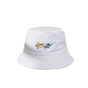 White canvas bucket hat with colorful LOVE embroidery and a bow graphic for women