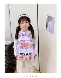 Detail showing high-quality purple checkered children backpack with cute capybara print