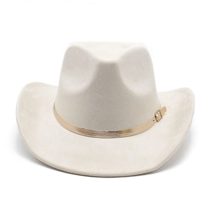 Detail of off-white cowboy hat featuring a golden metallic belt buckle and suede texture