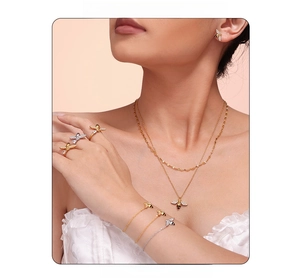 Detailed view of bee jewelry set with gold layered necklace and bracelet on model