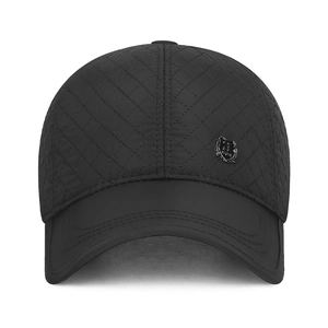 Men's winter quilted baseball cap with ear flaps and black shield emblem in black