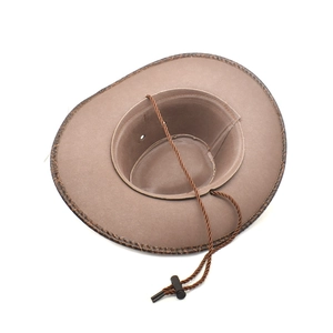 Detail of brown cowboy hat with adjustable windproof rope and breathable side vents