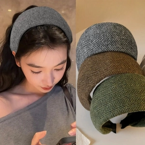 Vintage Herringbone Woolen Fabric Wide Headband Retro Padded Hair Band For Women Elegant Hair Accessories