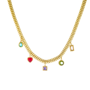 Gold double-layer chain necklace with colorful geometric rhinestone pendants on white background
