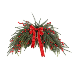 Festone natalizio con bacche rosse, aghi di pino verdi e un grande fiocco decorativo