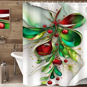 Detailed Christmas shower curtain featuring red ornaments and green leaves in a bathroom