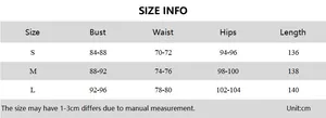 Detailed size chart showing bust, waist, and hips measurements for this lace dress