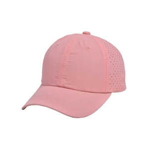 Close-up of pink quick-dry baseball cap with breathable laser-cut side ventilation holes