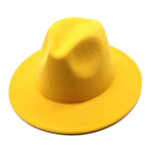 Bright yellow wool felt fedora hat with wide brim and classic pinched crown for men and women