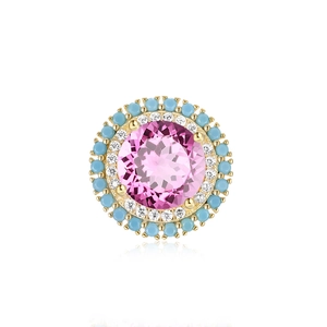 Macro detail of S925 silver earring with pink sapphire and turquoise halo setting