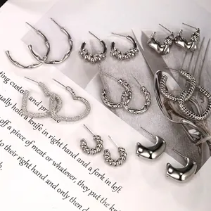 Stainless Steel Hoop Stud Earrings Silver Color C-Shaped Bamboo Twist Rope Heart Lava Irregular Fashion Minimalist For Women