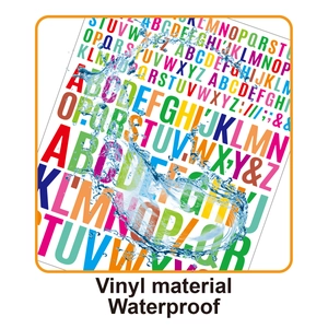 Detail showing waterproof vinyl alphabet stickers with colorful letters and water splashes