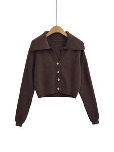 Elegant dark brown knit cardigan for women featuring a stylish lapel and gold buttons