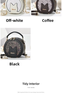 Close-up of cat-themed PU leather crossbody bags with sequins and fluffy pompom charms