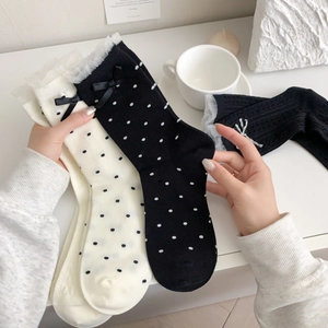 Chaussettes Mi-mollet En Coton Pour Femmes Avec Nœud Et Bordure En Dentelle Style Japonais Doux Respirant