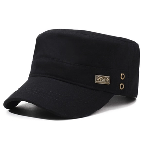 Classic black cotton flat top cadet cap for men, outdoor casual style adjustable hat