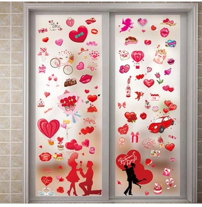 Detail of Valentine's Day static stickers with hearts and couple motifs on glass door
