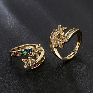Flower Open Ring Copper Gold Plated With Rainbow Zirconia Geometric Adjustable Jewelry For Women