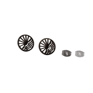 Minimalist matte black cutout earrings with sun and sea wave patterns in 18K gold plating