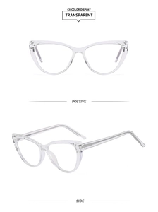 Vista frontale e laterale di occhiali cat eye trasparenti anti luce blu in TR90