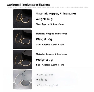 Detailed size chart showing small, medium, and large geometric rhinestone hoop earrings