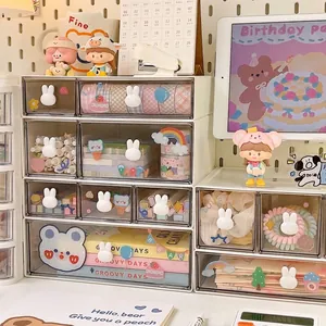 Multi-tier clear desk organizer with cute rabbit handles for stationery and accessories