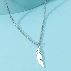 Silver stainless steel necklace with a smooth feather pendant and delicate O-link chain