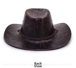 Detail view of brown cowboy hat with embossed leaf texture and woven decorative band