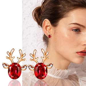 Detail and model view of Christmas reindeer stud earrings with red crystal and rose gold antlers