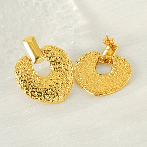 Chunky 18K gold plated heart earrings with hammered texture and vintage finish