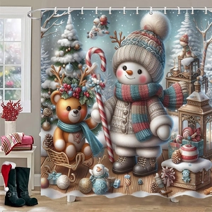 Detailed view of Christmas shower curtain with snowman and teddy bear on blue fabric