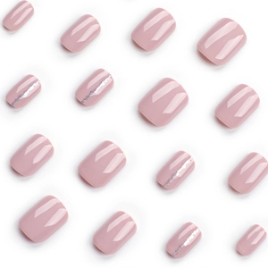 Short square soft pink press-on nails set with glitter and silver laser stripe designs