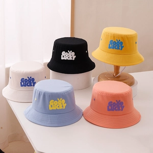 Kids cotton sun hats in multiple colors with Good Lucky embroidery for boys and girls