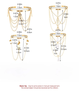 Detailed size chart of four-piece gold alloy arm cuffs with heart charms and pearls