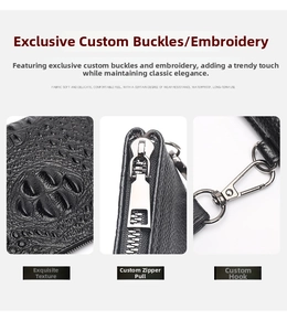 Detail of crocodile texture black leather clutch with custom metal zipper and hook