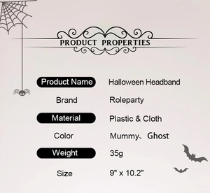 Detailed size chart for Halloween headband showing 9x10.2 inch dimensions and weight