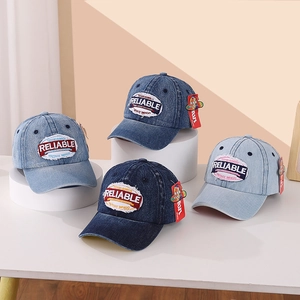 Vintage washed denim baseball caps for kids in light blue, dark blue, and black denim colors
