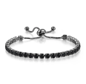 Detail of adjustable black zircon tennis bracelet with slider clasp and box chain links