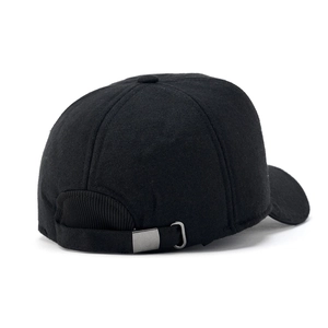 Detail view of black baseball cap with adjustable silver metal buckle for custom fit
