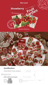 Detailed macro view of 46 vintage strawberry stickers in a 44x44mm decorative box