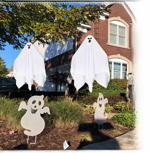 Hanging white ghost decorations for Halloween yard decor with creepy facial expressions