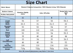 Size chart for women's bouclé coat with measurements for XS, S, M, and L sizes